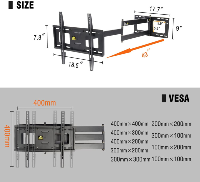 Full Motion TV Mount with 43" Extension Articulating Arm, Fits 26-60" Flat/Curve TVs/Monitors,Holds 99 lbs,Max VESA 400x400mm HY9418-B