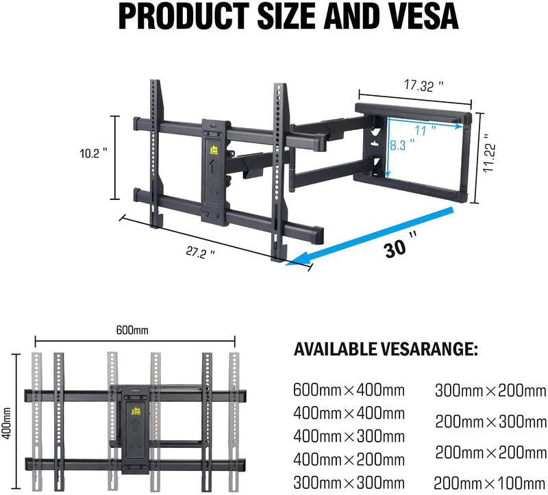 Long Extension TV Mount Corner Wall Mount TV Bracket Full Motion with 30 inch Long Arm its 37 to 75" Flat/Curve TVs-HY9389-B