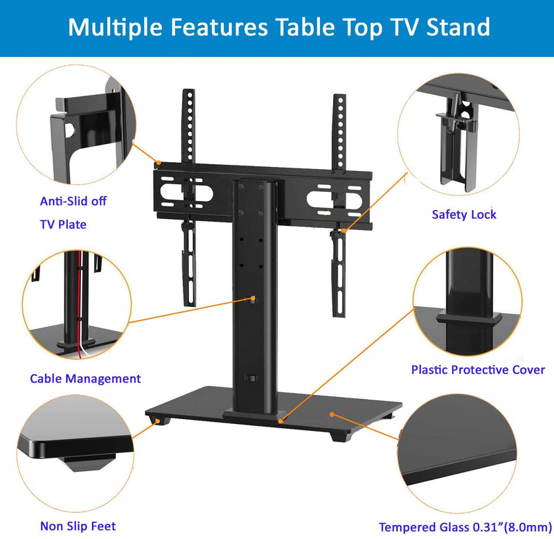 Universal TV Stand Base Table Top TV Stand for 26 to 55 Inch TVs -Height Adjustable TV Mount Stand with Tempered Glass Base & Wire Management, Holds up to 88lbs, VESA 400x400mm(Max)