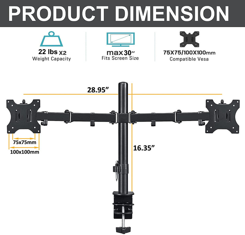 Dual Monitor Desk Stand Mount, Full Motion Adjustable Computer Monitor Arm Mount Fits 13" to 27" LCD Screens, VESA 75 100,Each Arm Holds up to 22lbs,with C-Clamp and Grommet Base