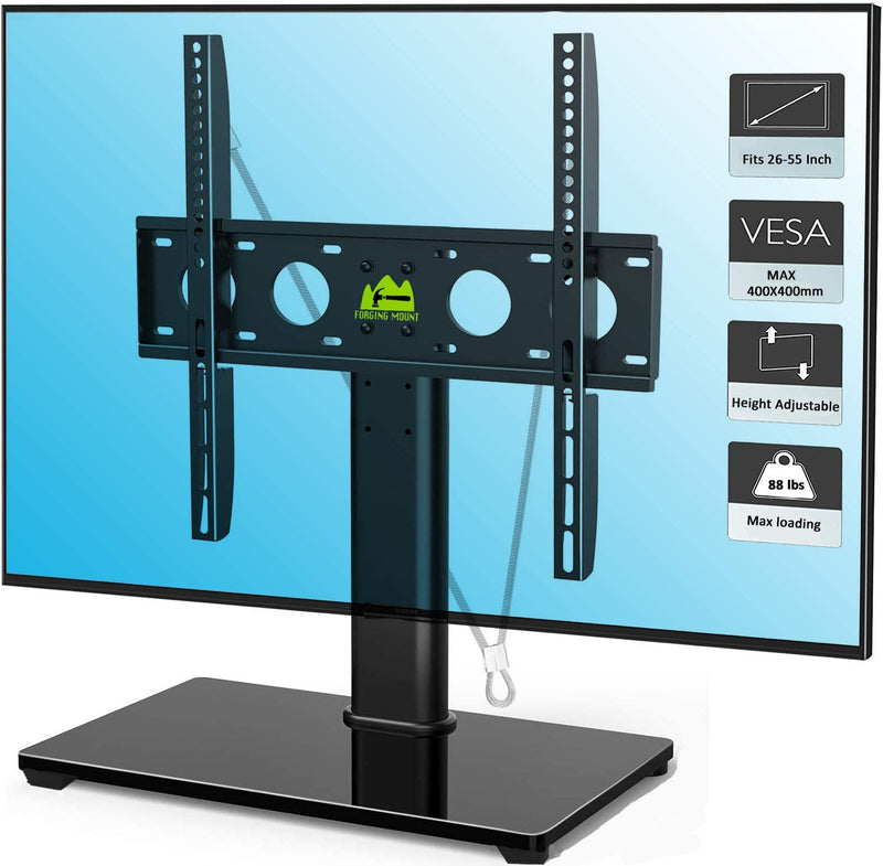 Universal TV Stand Base Tabletop TV Stand for 26 to 55 Inch TVs -Height Adjustable TV Base Stand with Tempered Glass Base & Wire Management & Security Wire, Holds up to 88lbs, VESA 400x400mm(Max)