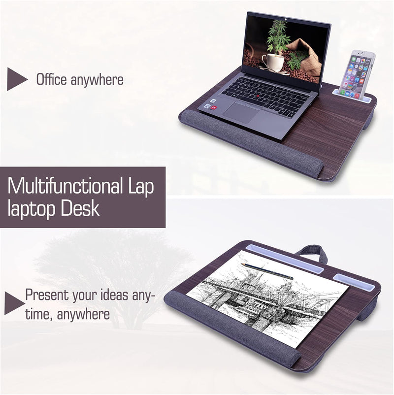 Home Office Lap Desk - Fits up to 17 inches Laptop, Built in Wrist Pad for Notebook, Tablet, Laptop Stand with Tablet, Pen & Phone Holder-Black Wood Grain
