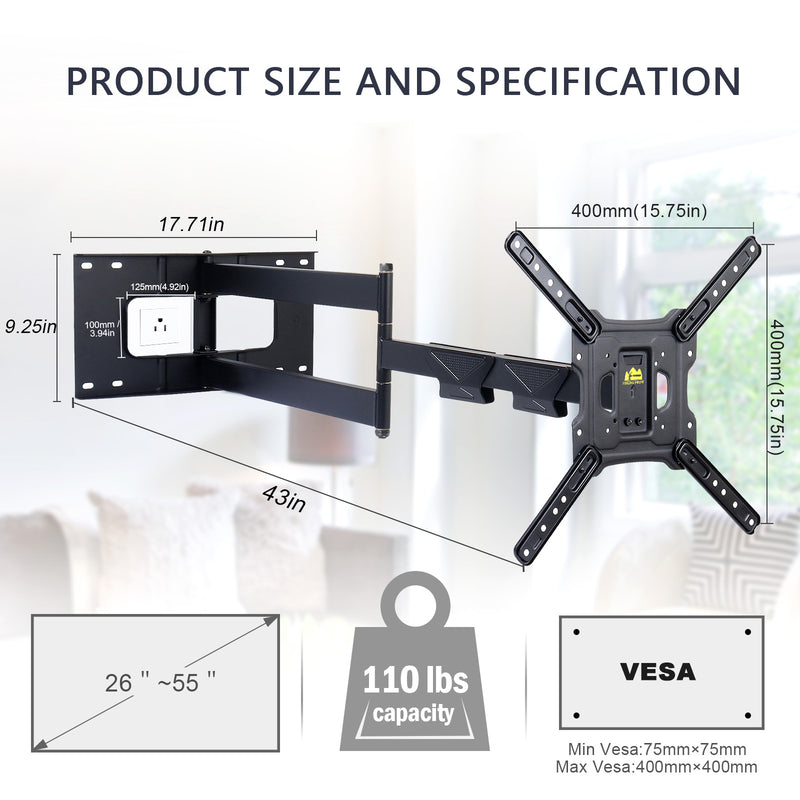 Long Arm TV Wall Mount,Full Motion TV Monitor Arm Mount Bracket with 43" Articulating Arm,Fits 22 to 55 Inch Flat/Curve TVs & Monitors-HY9417-B
